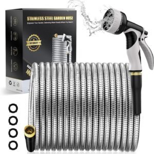 Garden Hose- 100Ft Metal Hose,Stainless Steel Heavy Duty Water Hoses with 10 Function Nozzle,Outdoor Hose,Leak Proof,Puncture Resistant, Flexible,Never Kink & Tangle
